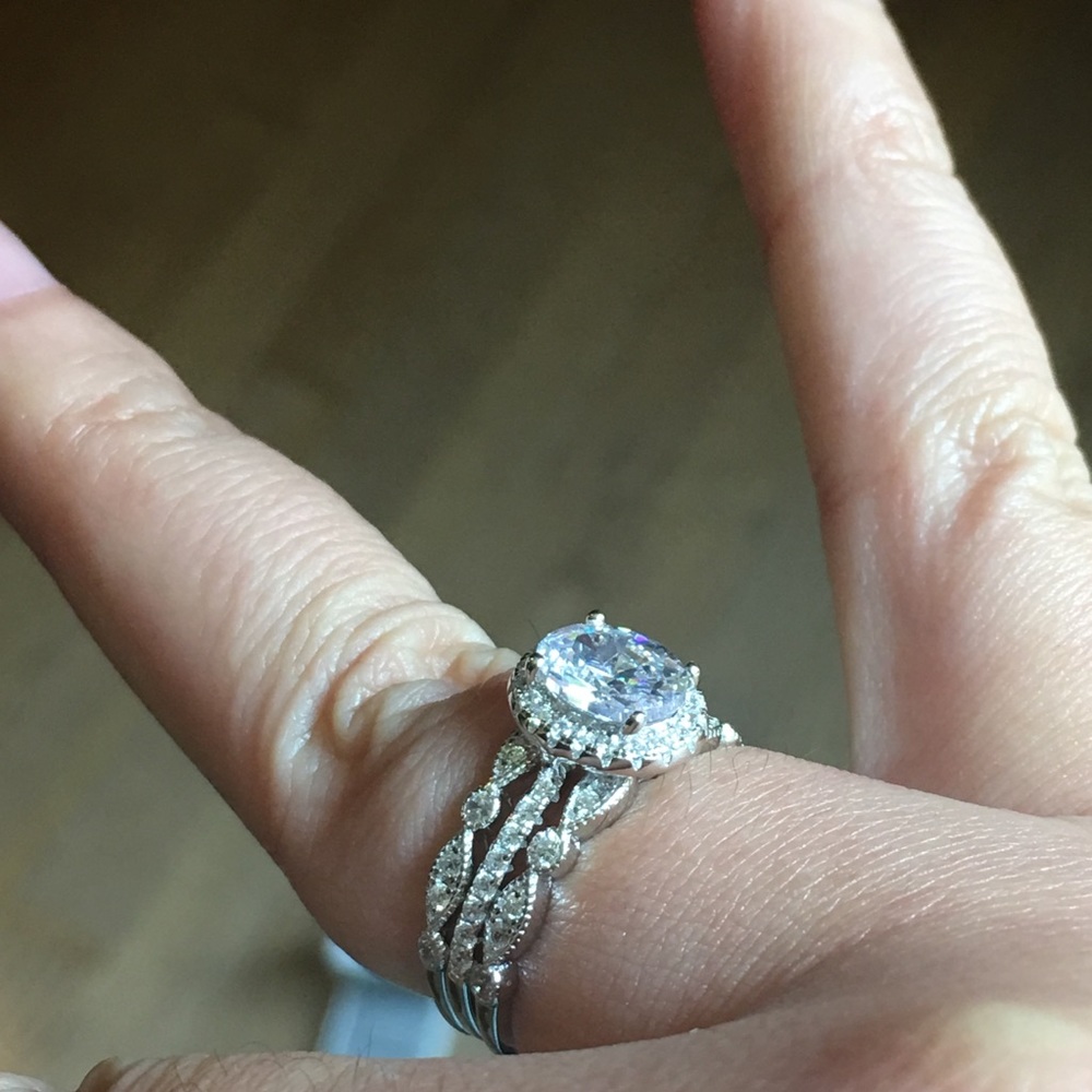 3pcs Solid Silver Engagement Ring Wedding Band Set - Picture 6 of 6